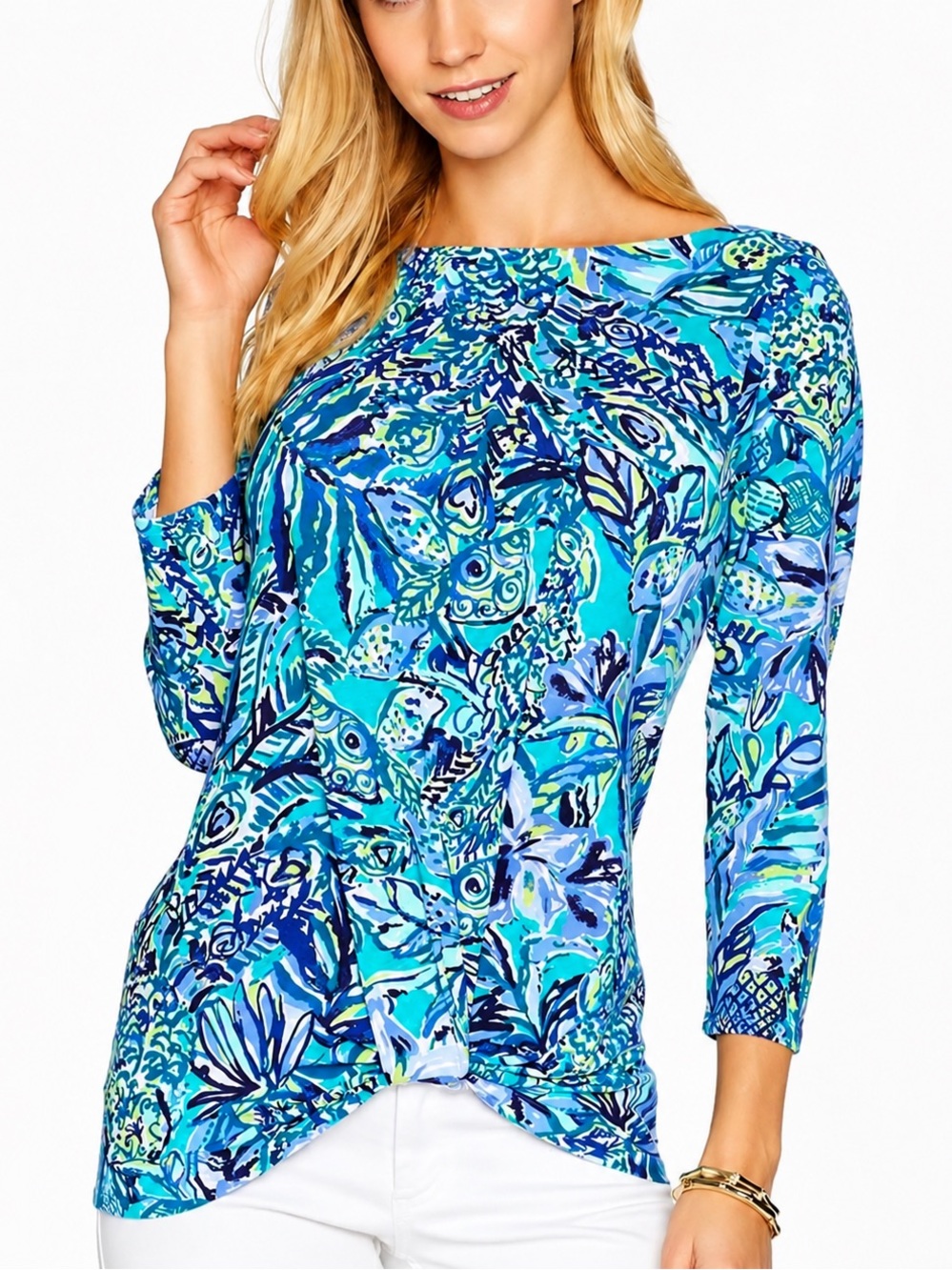 Lilly Pulitzer Maci Top Women’s XS Blue Green Tropical Print 3/4 Sleeve